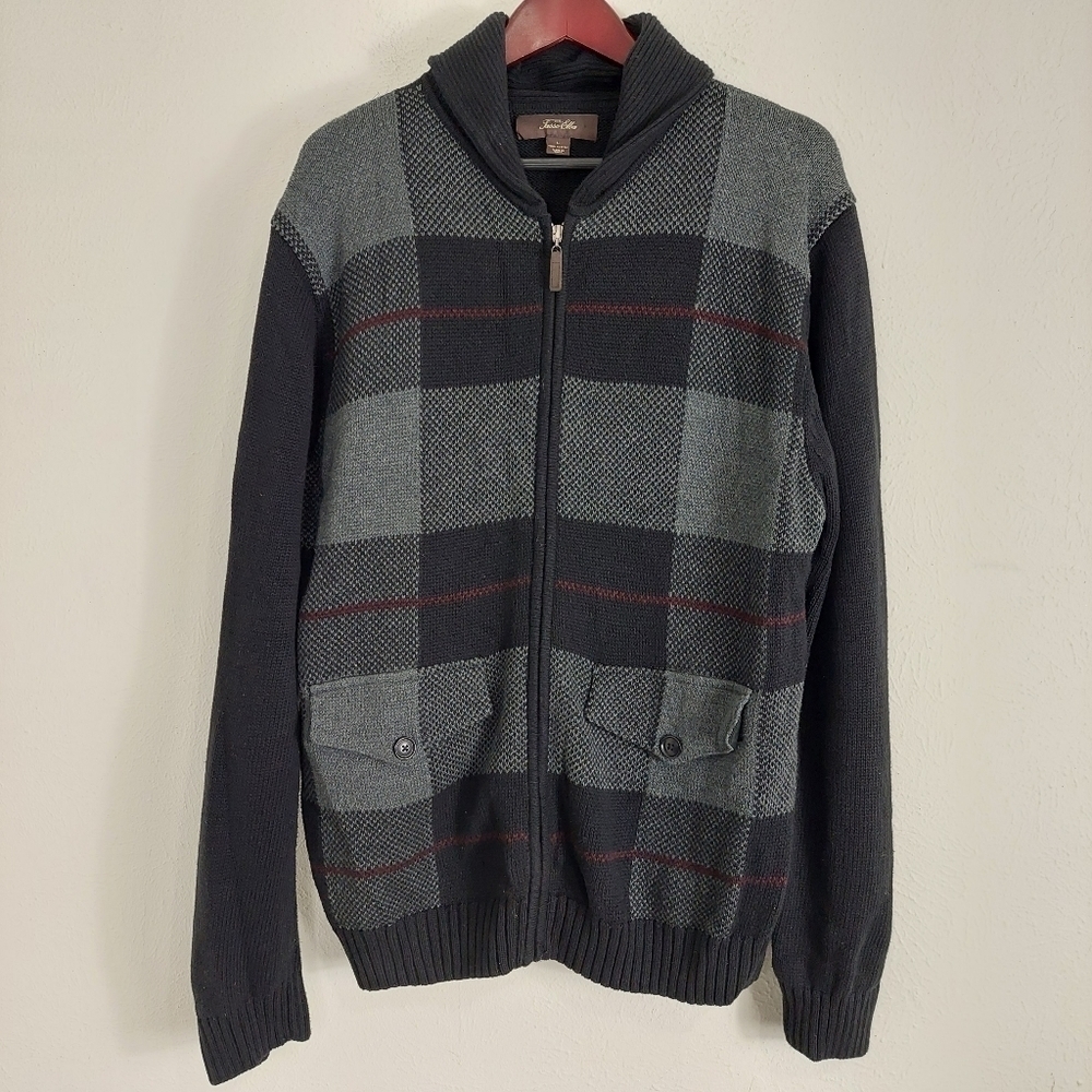 Tasso Elba Men's Size Large Zip-Front Cardigan Sweater Black Gray Plaid Pockets‎ - Picture 2 of 10